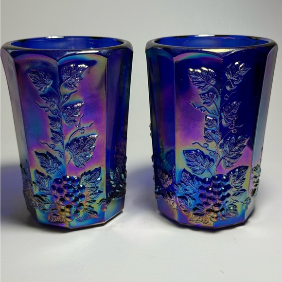 Other - VTG Cobalt Blue Carnival Glass Grape Tumblers Set of 2 Iridescent Pressed Glass